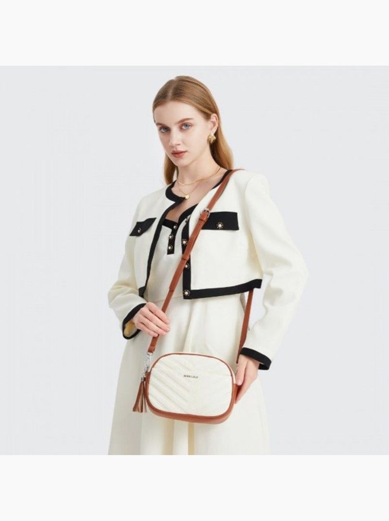 Petit sac bandoulière cuir tressé motif en v à pompons - miss lulu Beige - Kiabi