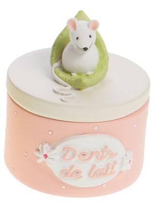 Petite boîte en résine à dents de lait rose souris sur une feuille