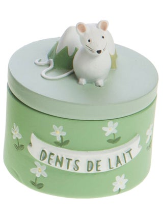Petite boîte en résine à dents de lait verte tendre souris devant la montagne