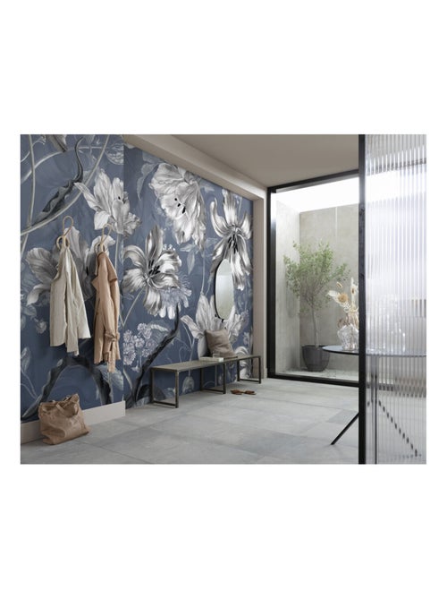 Photo murale - Fleurs Blanche et Grisées Sur Fond Bleu - Kiabi