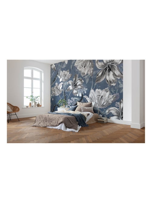 Photo murale - Fleurs Blanche et Grisées Sur Fond Bleu - Kiabi