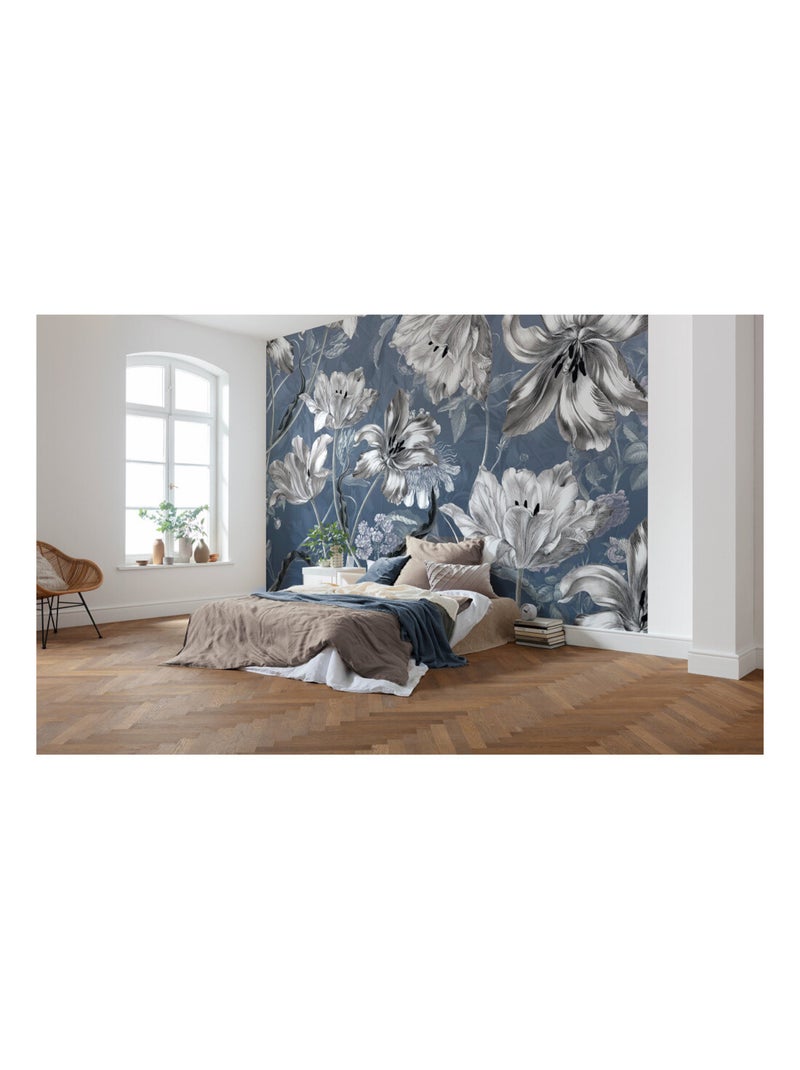 Photo murale - Fleurs Blanche et Grisées Sur Fond Bleu Multicolore - Kiabi
