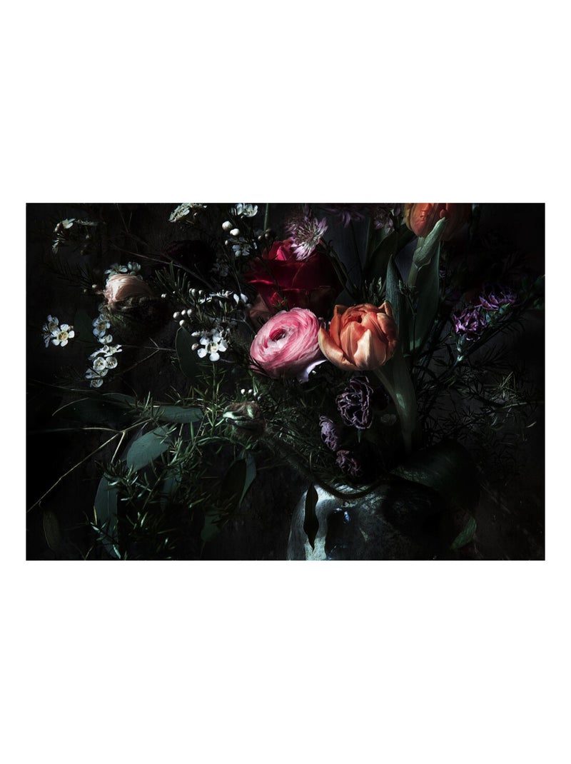 Photo Murale Intissé - Des Roses et de la  Verdure Sur Fond Noir Multicolore - Kiabi