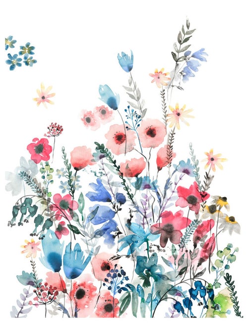 Photo Murale Intissé - Feuillages, Bleu Et Roses - Kiabi