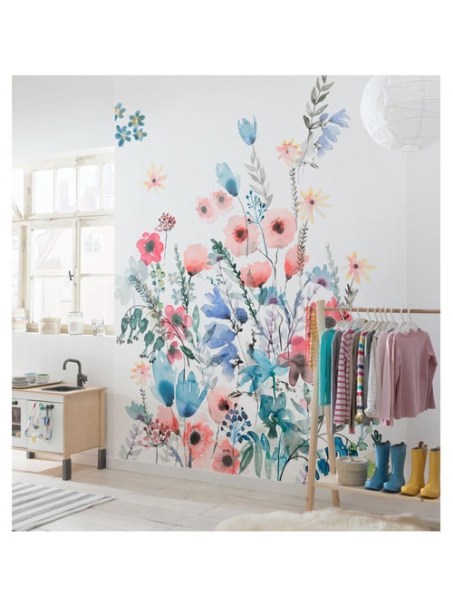 Photo Murale Intissé - Feuillages, Bleu Et Roses - Kiabi