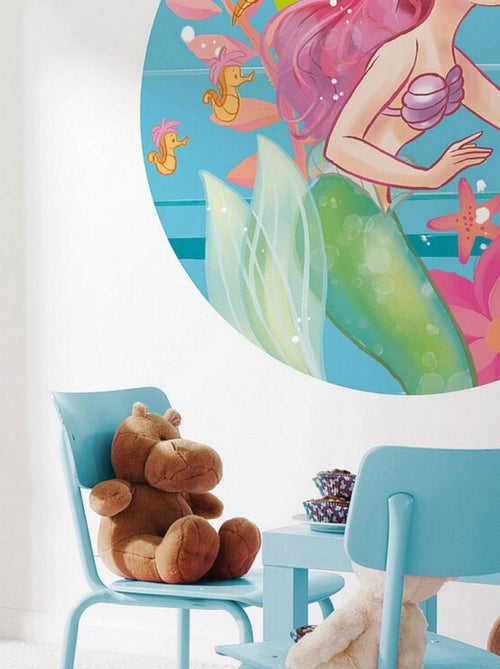 Photo murale ronde auto-adhésive La Petite Sirène Ariel et hippocampes diam. 125 cm - Kiabi