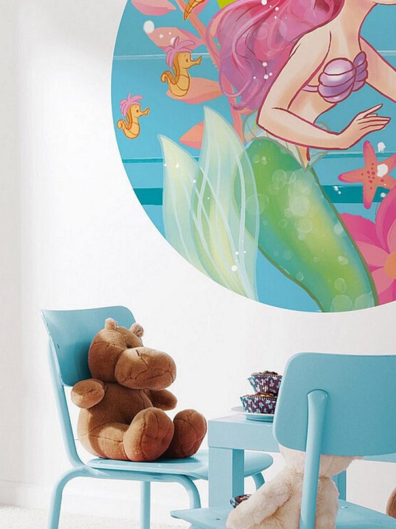 Photo murale ronde auto-adhésive La Petite Sirène Ariel et hippocampes diam. 125 cm Multicolore - Kiabi