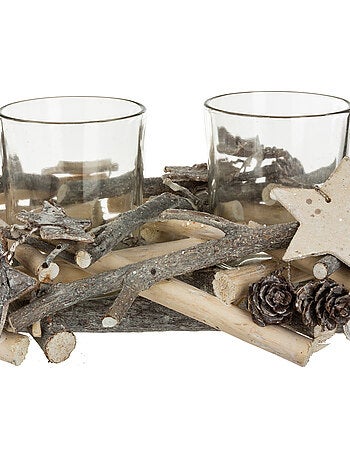 Photophore centre de table buche avec 4 photophores bois blanc