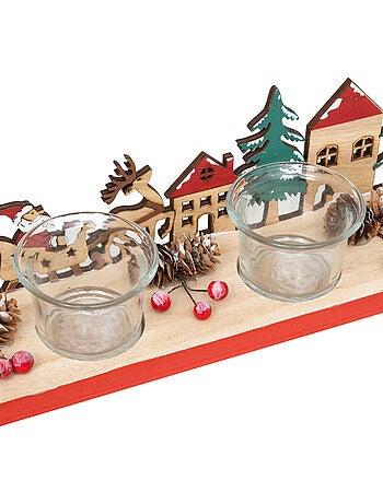Photophore décor paysage bois avec 4 photophores verre transparent