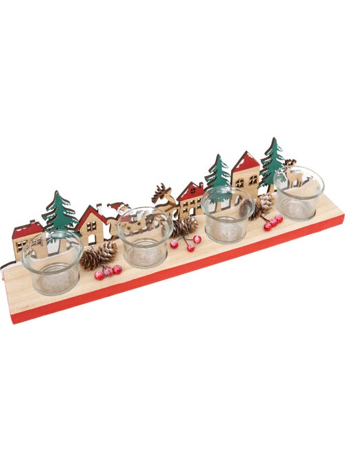 Photophore décor paysage bois avec 4 photophores verre transparent - Kiabi