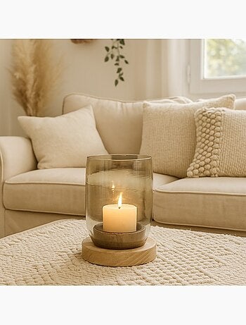 Photophore en verre et bois 19x15cm