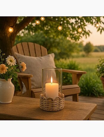 Photophore en verre et rotin 16,5x10cm