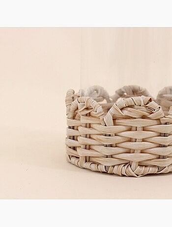 Photophore en verre et rotin 16,5x10cm