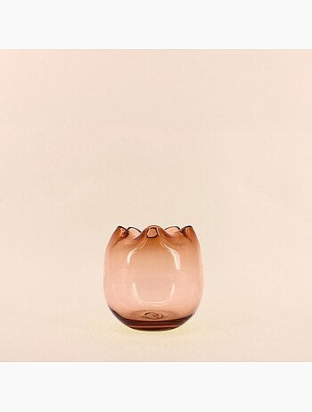 Photophore en verre ondulé fait main ambre 16x11cm