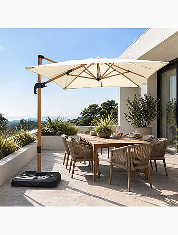 PIANA Parasol rectangulaire 2x3m déporté rotatif écru structure effet bois