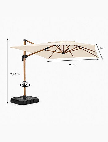 PIANA Parasol rectangulaire 2x3m déporté rotatif écru structure effet bois
