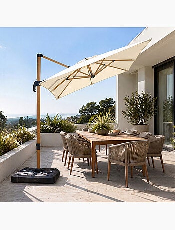PIANA Parasol rectangulaire 2x3m déporté rotatif écru structure effet bois