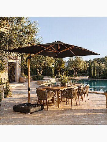 PIANA Parasol rectangulaire 2x3m déporté rotatif écru structure effet bois