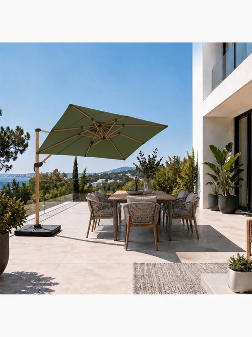 PIANA Parasol rectangulaire 2x3m déporté rotatif vert structure effet bois - Kiabi PIANA Parasol rectangulaire 2x3m déporté rotatif vert structure effet bois - Kiabi