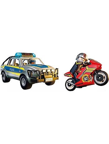 Pick-up de police avec 2 personnages et moto