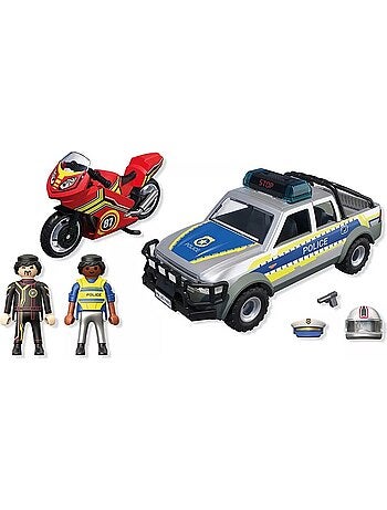 Pick-up de police avec 2 personnages et moto