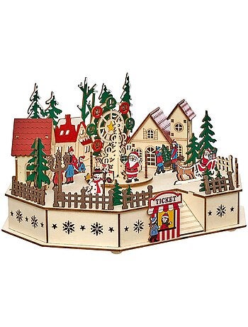 Place de village de noël lumineuse en bois animée et musicale 9 led l. 29 cm à piles