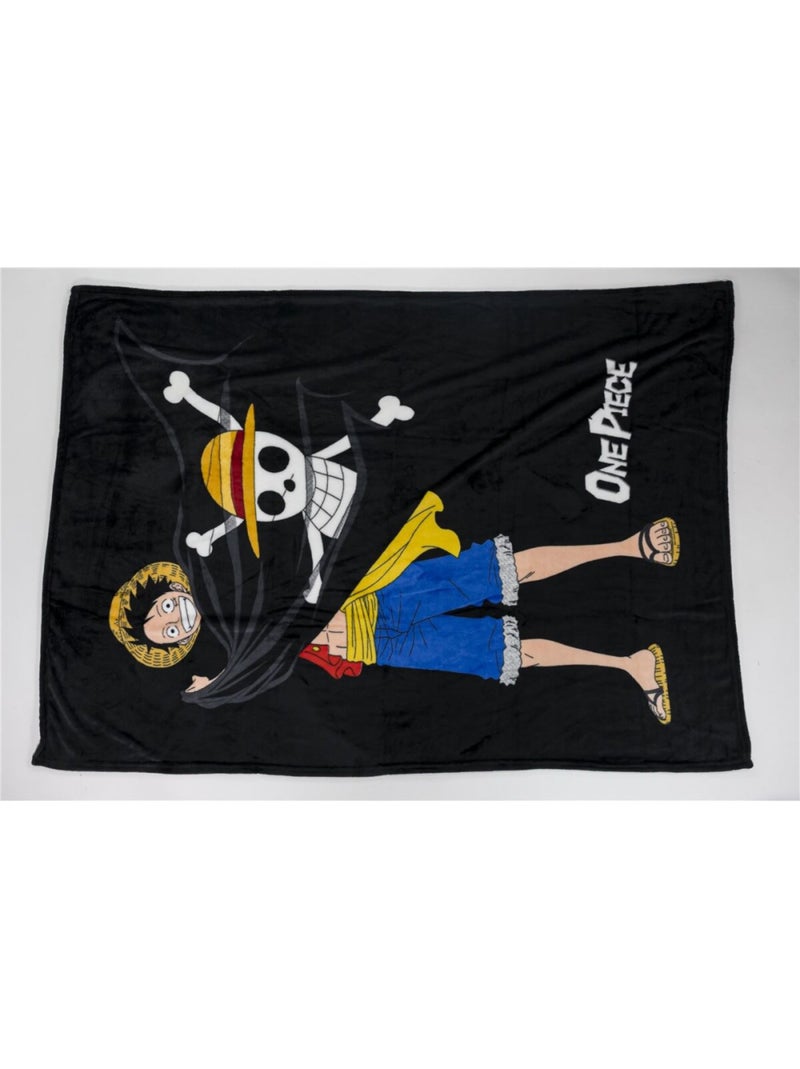 Plaid 110 cm x 150 cm One Piece - Luffy qui sourit et tire son drapeau pirate Noir Noir - Kiabi