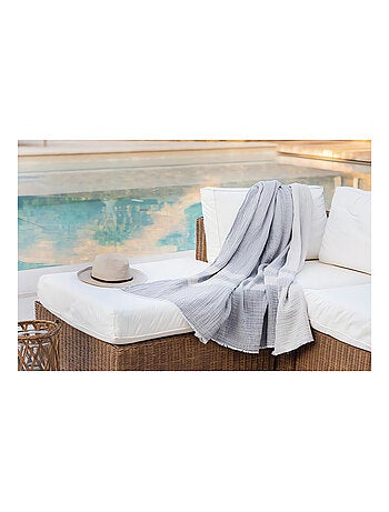 Plaid 150x200 cm en coton gaufré PIENZA naturel et eau de bleu, par Toison d'or