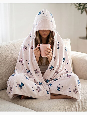 Plaid à capuche flanelle disney stitch & angel 120x150cm – étoiles rose pâle – 100% polyester