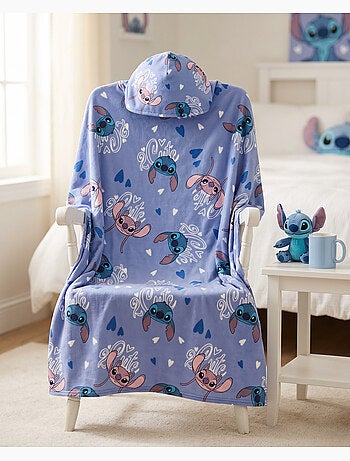 Plaid à Capuche Flanelle Disney Stitch & Angel 2 Cute 120x150cm – All-Over Bleu – 100% Polyester – L