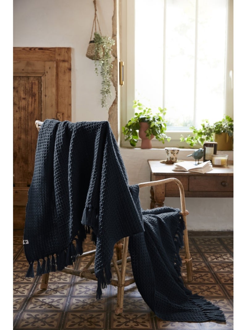 Plaid à frange - en fibres recyclées - doux et chaud — Gabin Bleu foncé - Kiabi