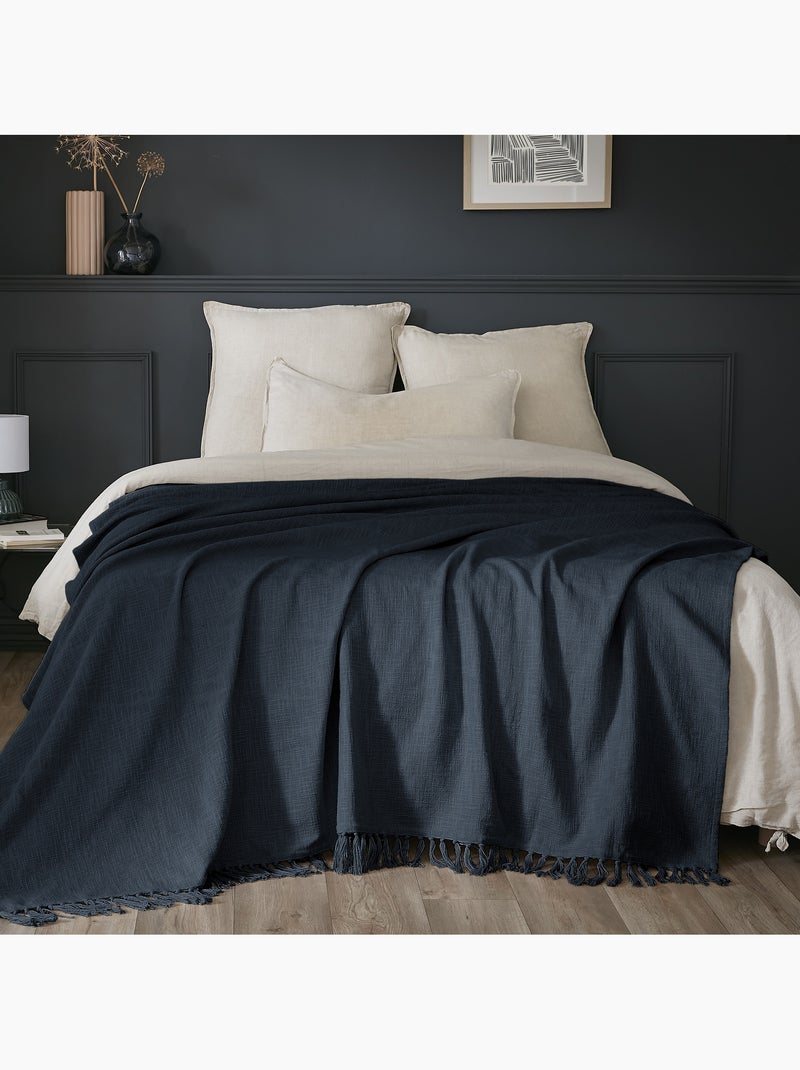 Plaid à franges - 100% coton texturé - doux et chaud - Sixtine Bleu foncé - Kiabi