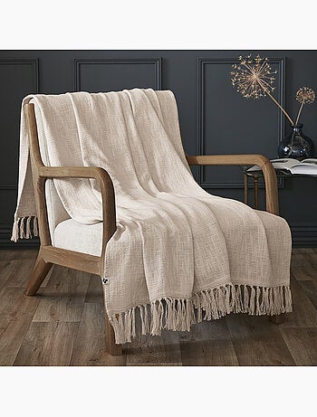 Plaid à franges - 100% coton texturé - doux et chaud - sixtine