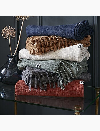 Plaid à franges - 100% coton texturé - doux et chaud - sixtine