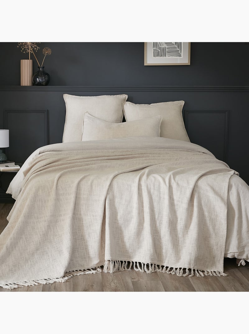 Plaid à franges - 100% coton texturé - doux et chaud - sixtine Ecru/Sable - Kiabi