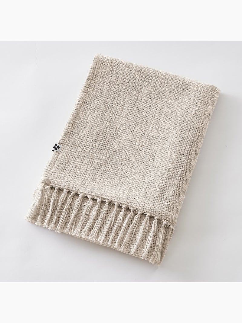 Plaid à franges - 100% coton texturé - doux et chaud - sixtine Ecru/Sable - Kiabi