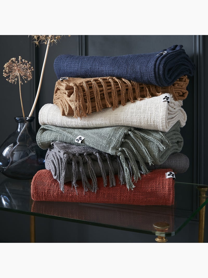 Plaid à franges - 100% coton texturé - doux et chaud - sixtine Ecru/Sable - Kiabi