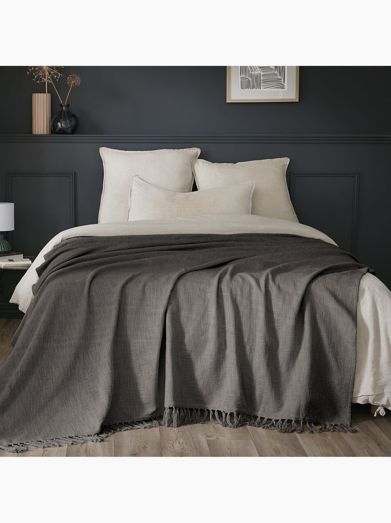 Plaid à franges - 100% coton texturé - doux et chaud - Sixtine Gris foncé - Kiabi