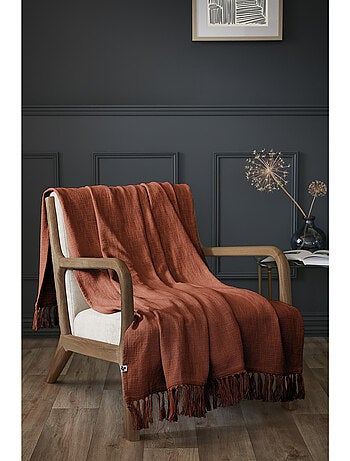 Plaid à franges - 100% coton texturé - doux et chaud - Sixtine