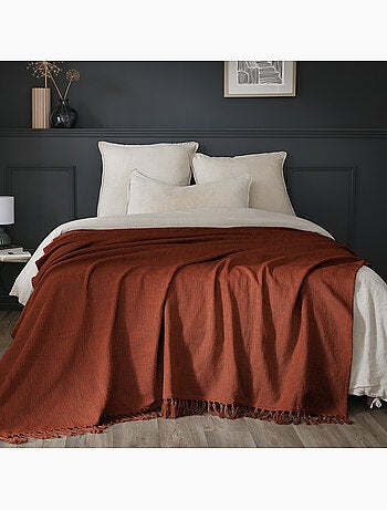 Plaid à franges - 100% coton texturé - doux et chaud - Sixtine