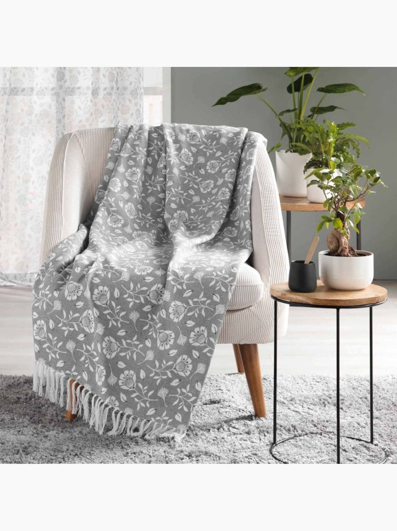 Plaid à franges 125x150 coton polyester imprimé flavie Gris - Kiabi