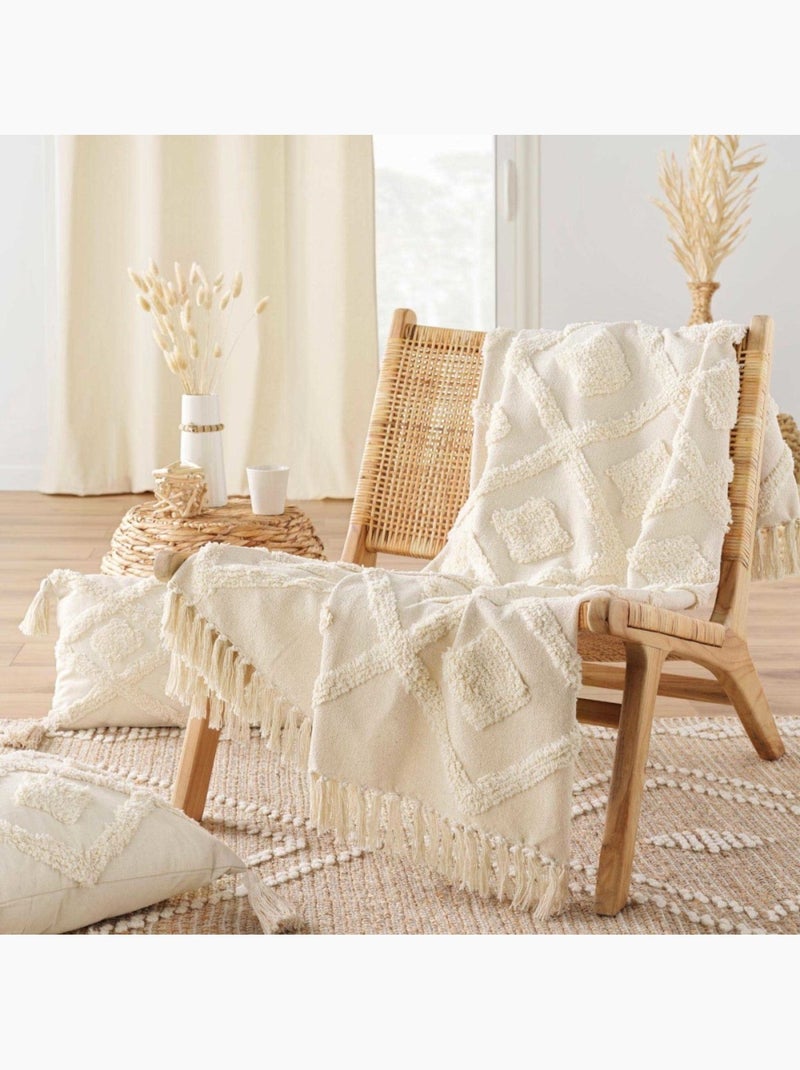 Plaid à franges 125x150 coton polyester tufté inca Beige - Kiabi
