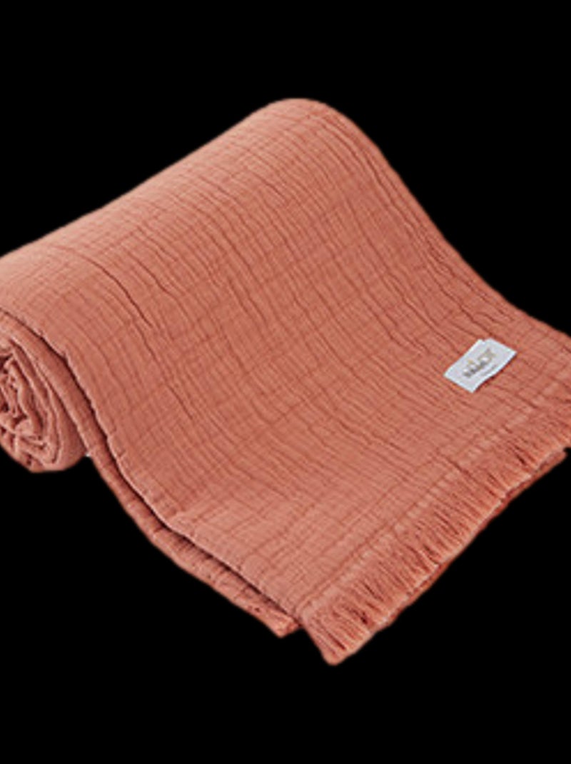 Plaid à franges "Brehat" Gaze de Coton stonewashed Toison d'or - Brehat Corail - 125 x 180 cm Orange - Kiabi