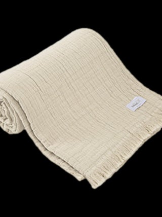 Plaid à franges "Brehat" Gaze de Coton stonewashed Toison d'or - Brehat Galet - 125 x 180 cm