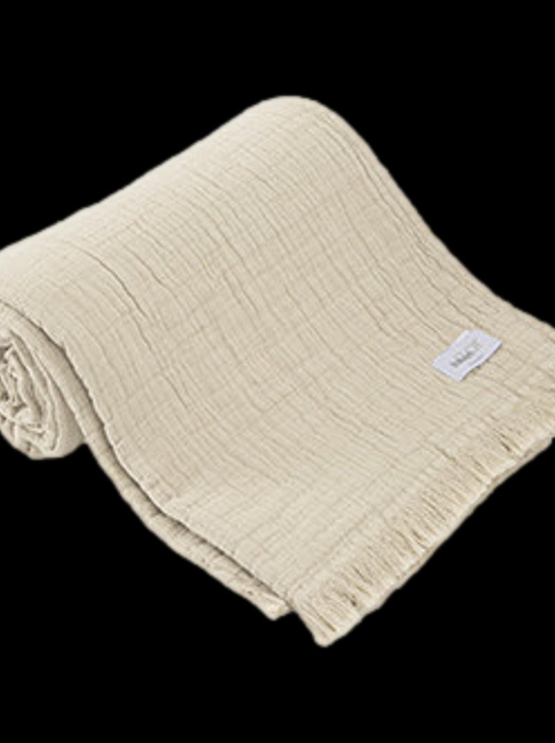 Plaid à franges "Brehat" Gaze de Coton stonewashed Toison d'or - Brehat Galet - 125 x 180 cm Gris - Kiabi