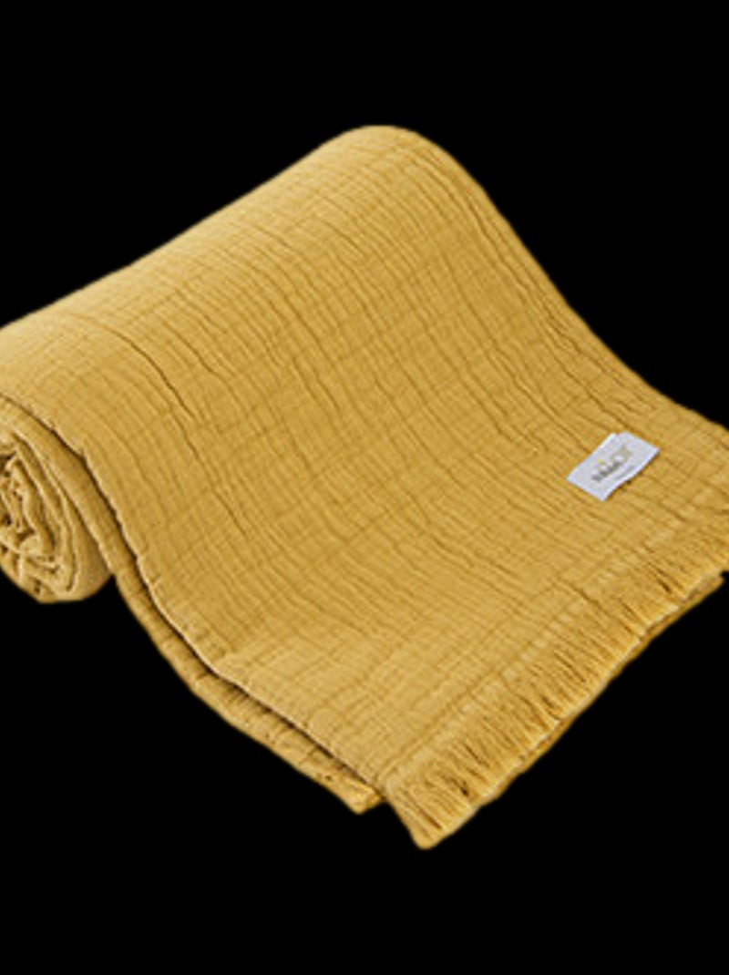 Plaid à franges "Brehat" Gaze de Coton stonewashed Toison d'or - Brehat Miel - 125 x 180 cm Jaune - Kiabi