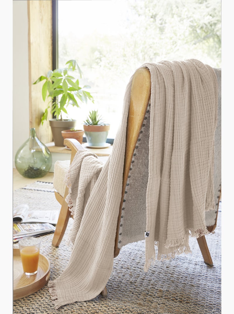 Plaid à franges – double gaze de coton – gaïa Ecru/Sable - Kiabi
