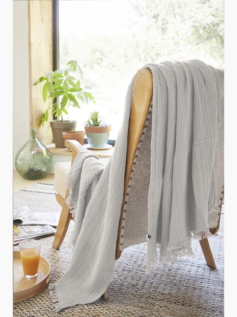 Plaid à franges – double gaze de coton – gaïa Gris nuage - Kiabi