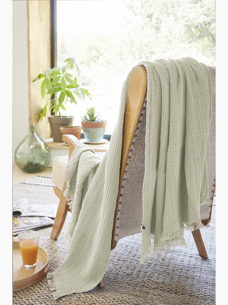 Plaid à franges – double gaze de coton – gaïa Vert d'eau - Kiabi