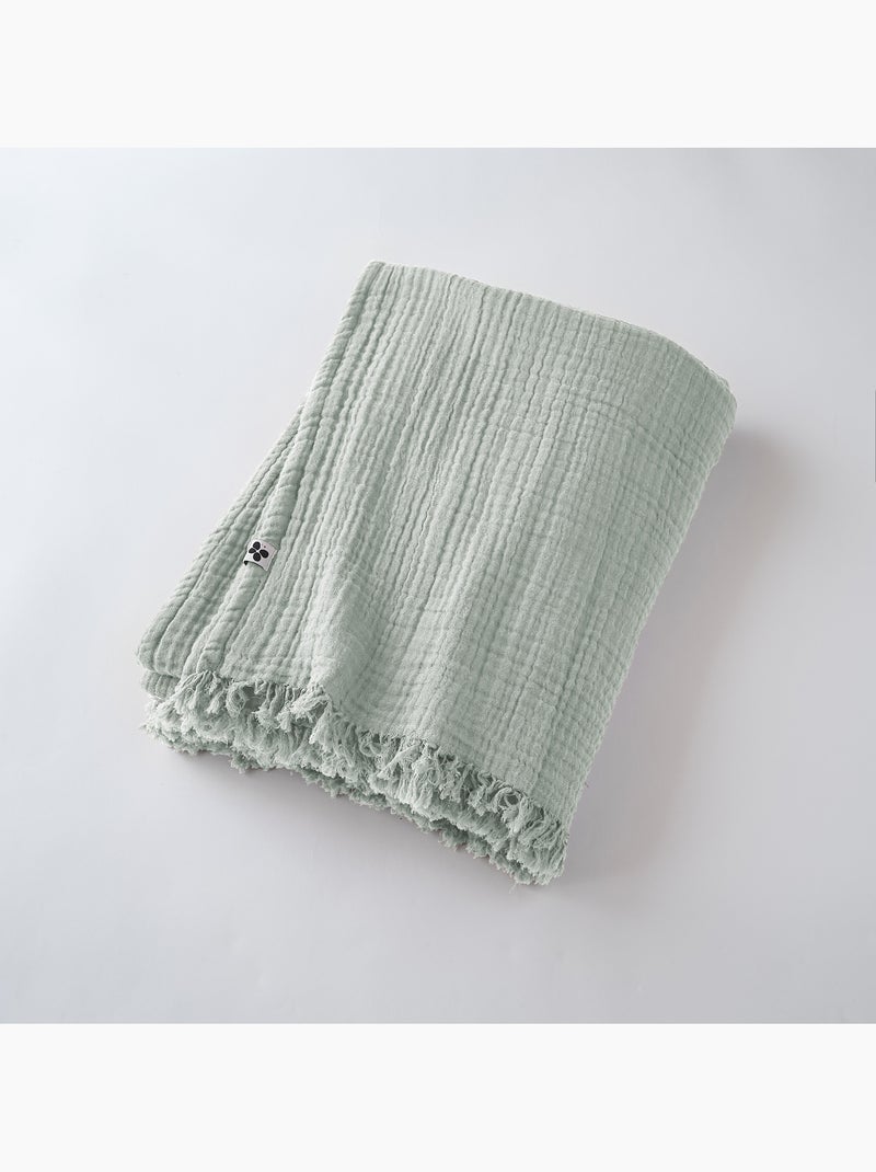 Plaid à franges – Double Gaze de Coton – GAÏA Vert eucalyptus - Kiabi